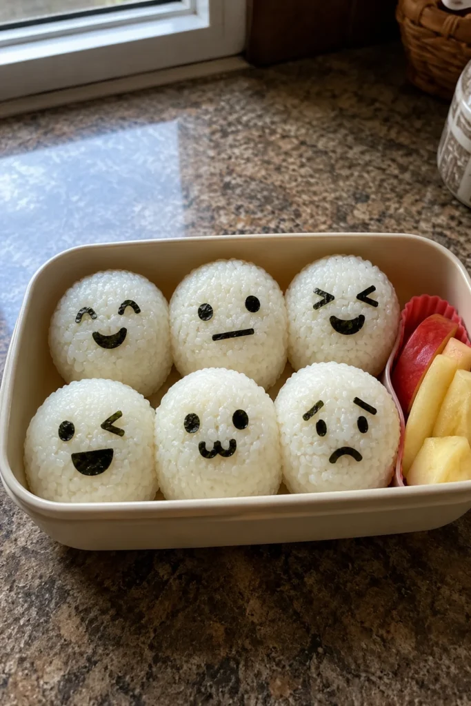 Emoji rice balls packed in a lunchbox with fruit