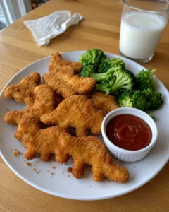 Homemade Dino Nuggets & Volcano Ketchup served with broccoli on a white plate