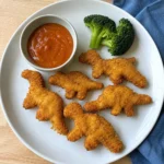 Dino Nuggets & Volcano Ketchup recipe card image with golden nuggets and smoky dipping sauce