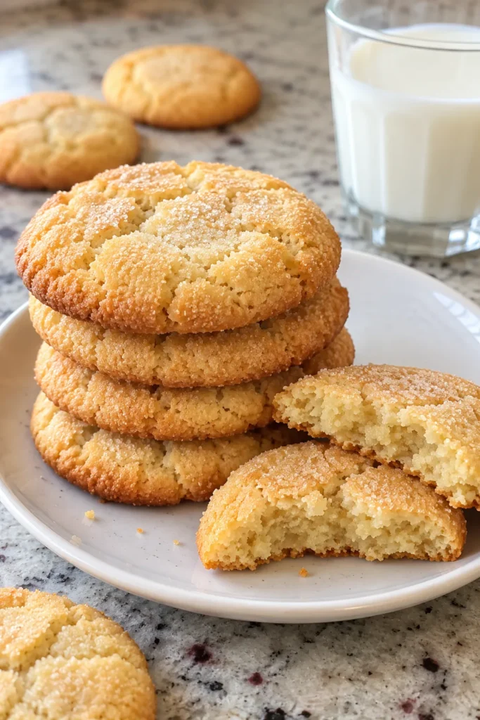 Stack of Almond Flour Cookies with a glass of milk on a kitchen counter