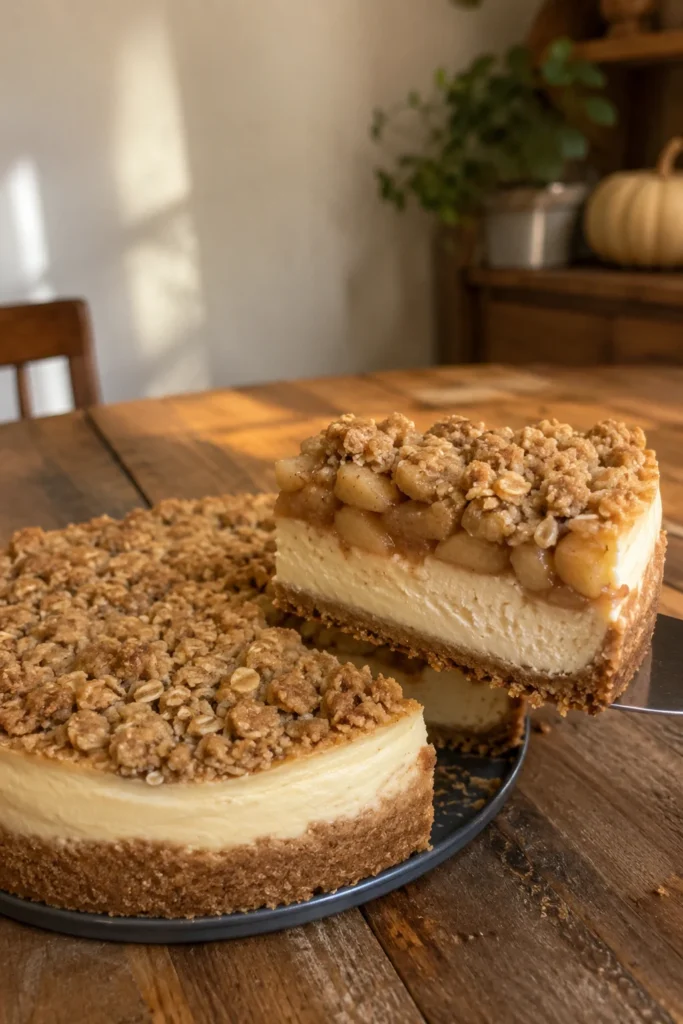 Apple Crisp Cheesecake slice being lifted with a spatula on a wooden table