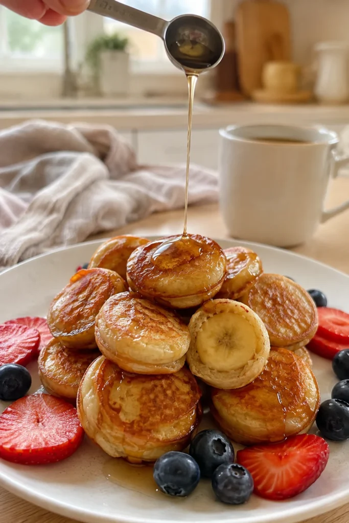 Easy Banana Pancake Bites with maple syrup drizzle for a family-friendly breakfast
