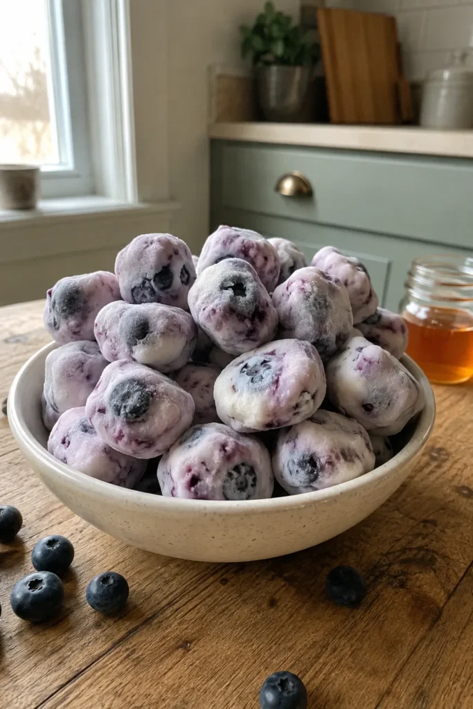 Bowl of 3-Ingredient Blueberry Greek Yogurt Bites with fresh blueberries and honey