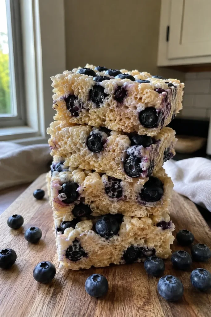 Blueberry Rice Krispies Treats stacked with fresh blueberries scattered around
