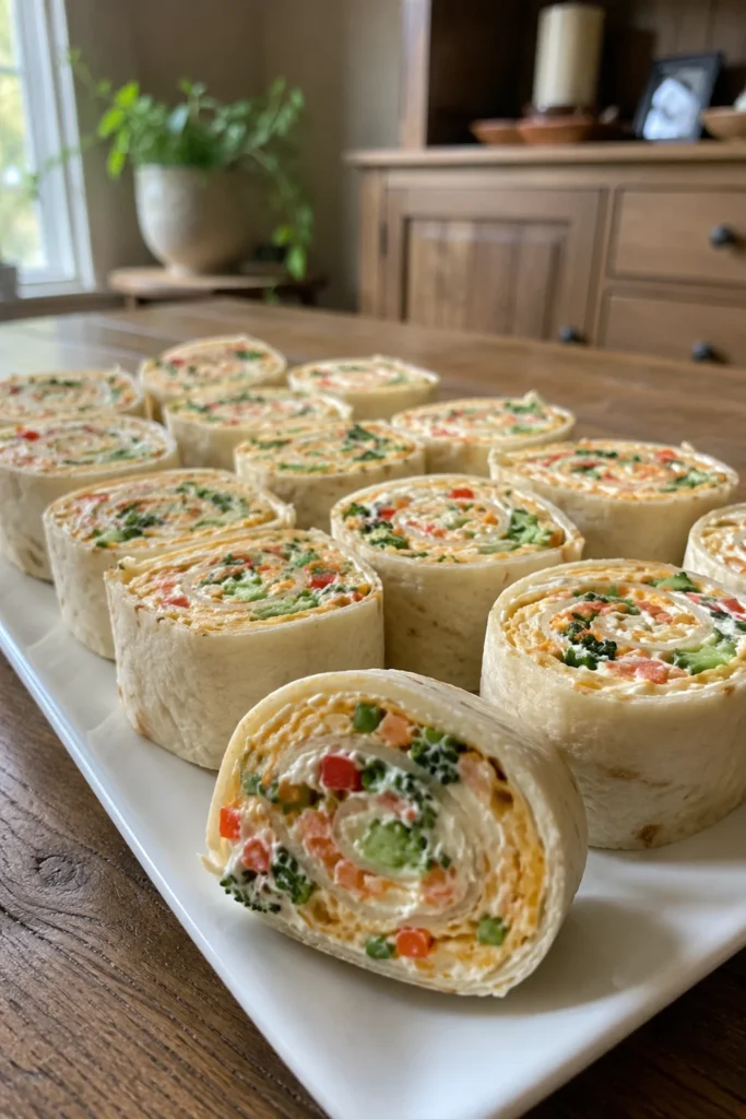 Vertical photo of Cheese & Veggie Roll-Ups on a wood table