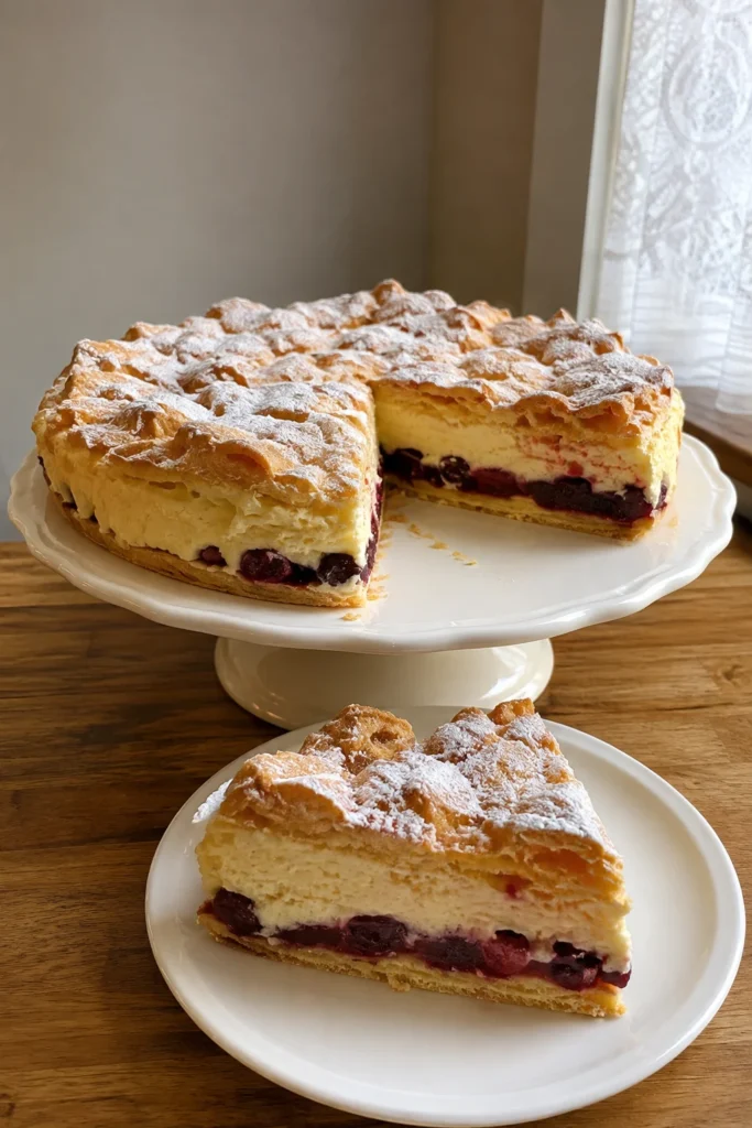 Cherry Karpatka Recipe cake and slice on a kitchen table