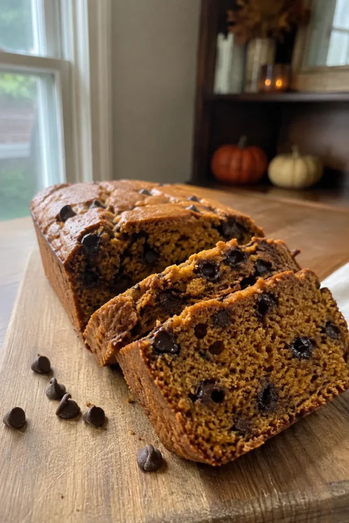 Chocolate Chip Pumpkin Bread loaf with chocolate chips visible