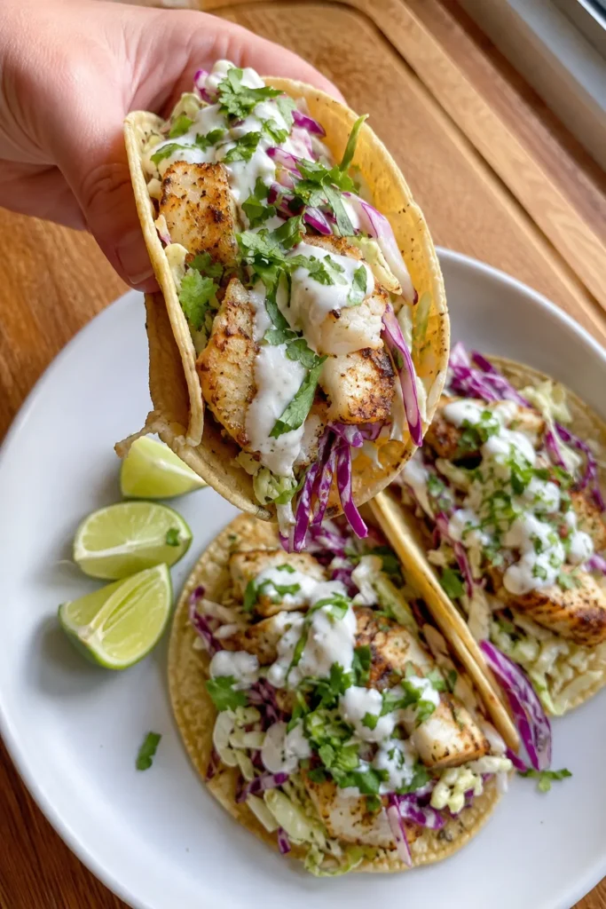 Hand holding a Cod Fish Tacos with slaw and sauce