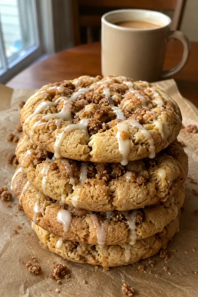 Stacked Coffee Cake Cookies with glaze next to a warm mug of coffee