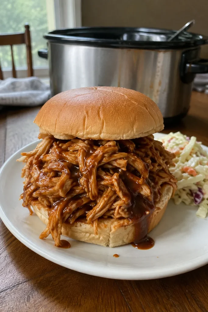 Crockpot BBQ Chicken sandwich with sauce dripping down the bun