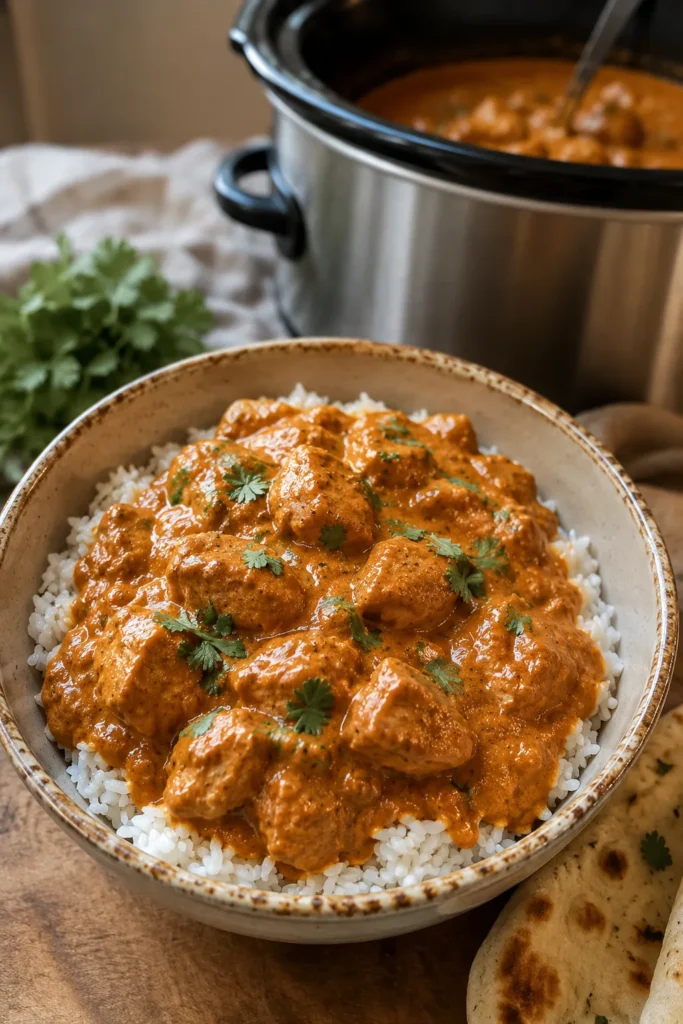 Easy Crockpot Butter Chicken recipe in a cozy home kitchen