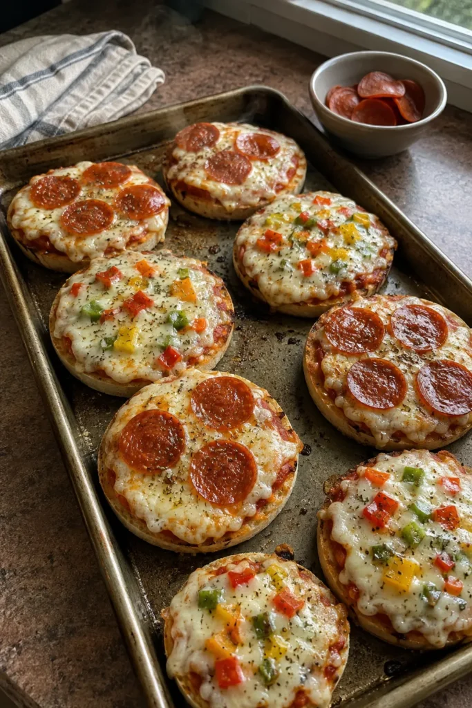 Baking sheet of English Muffin Pizzas ready to eat