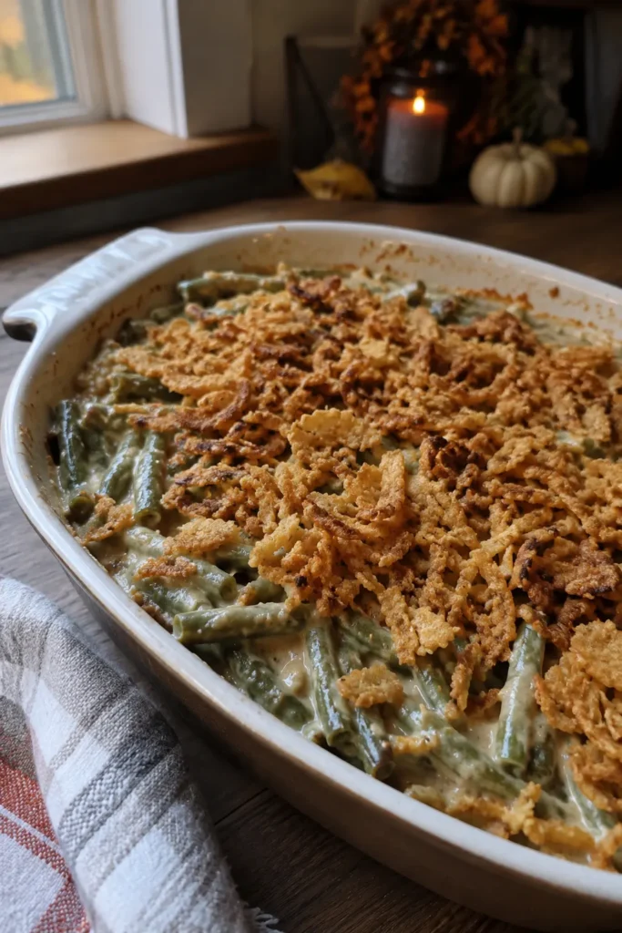 Easy homemade Green Bean Casserole in a rustic baking dish