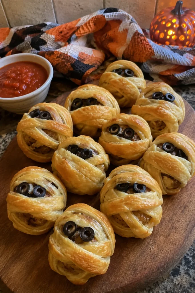 Halloween Mummy Meatballs on a wooden board with marinara dipping sauce