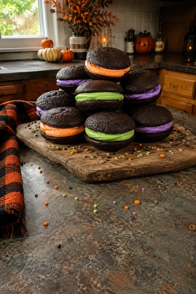 Halloween Whoopie Pies with orange, purple, and green buttercream