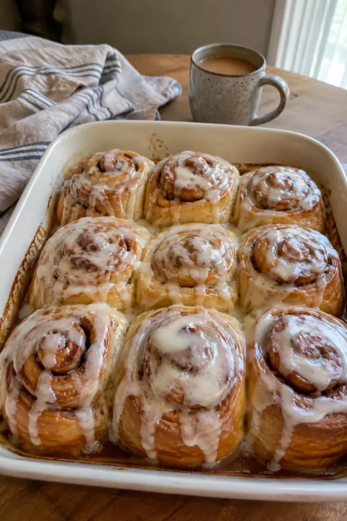 Pan of Heavy Cream Cinnamon Rolls with icing dripping down the sides