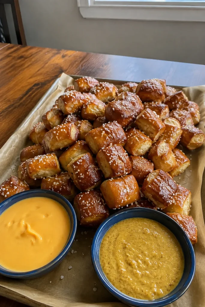 Homemade Soft Pretzel Bites served with cheese dip and honey mustard