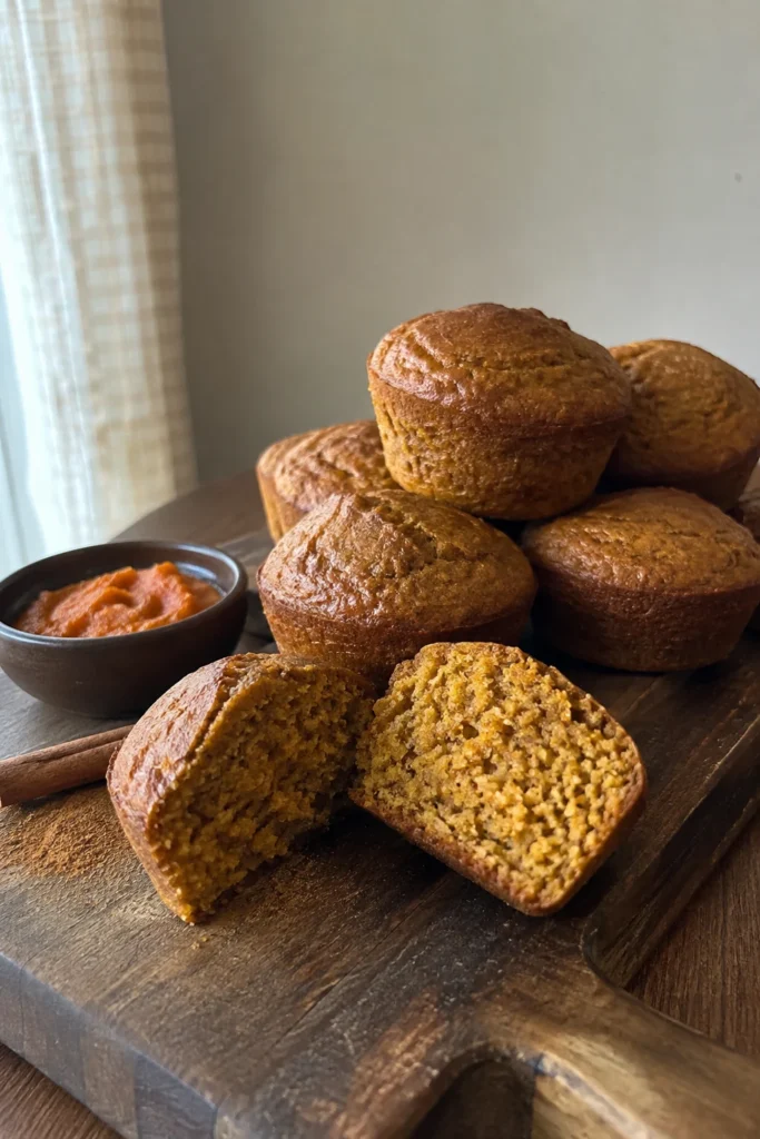 Stack of Low Carb Keto Pumpkin Muffins with one split open