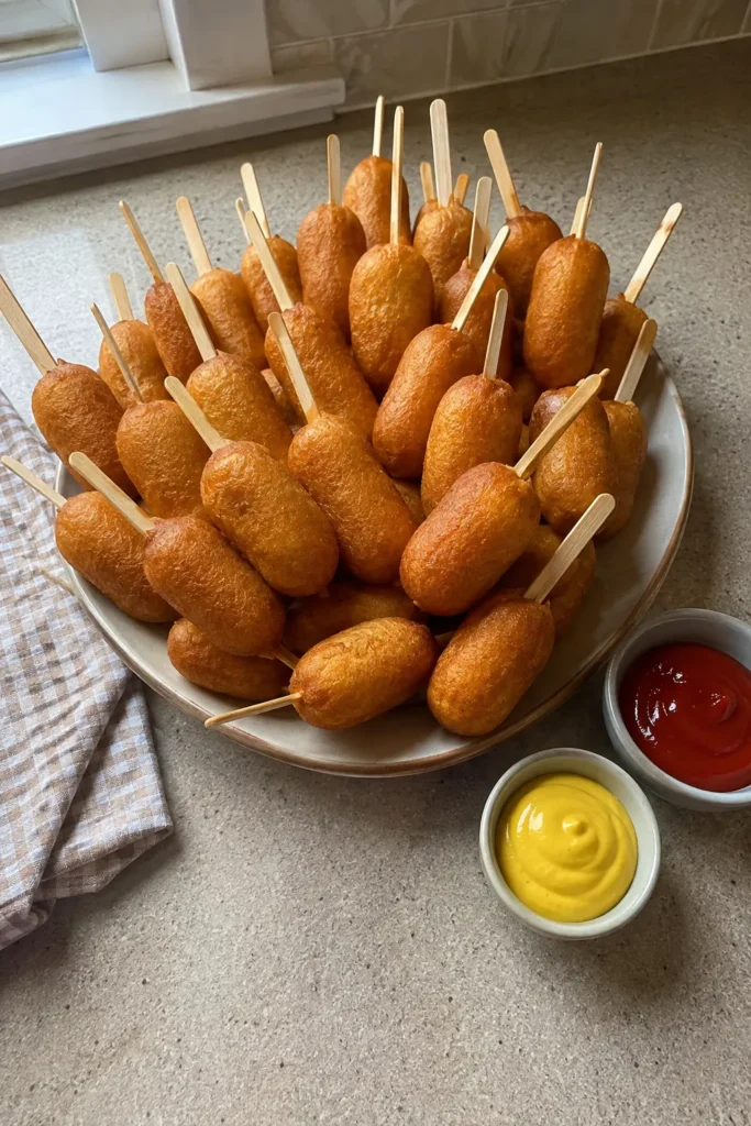 Easy Mini Corn Dog Pops recipe on a platter for parties