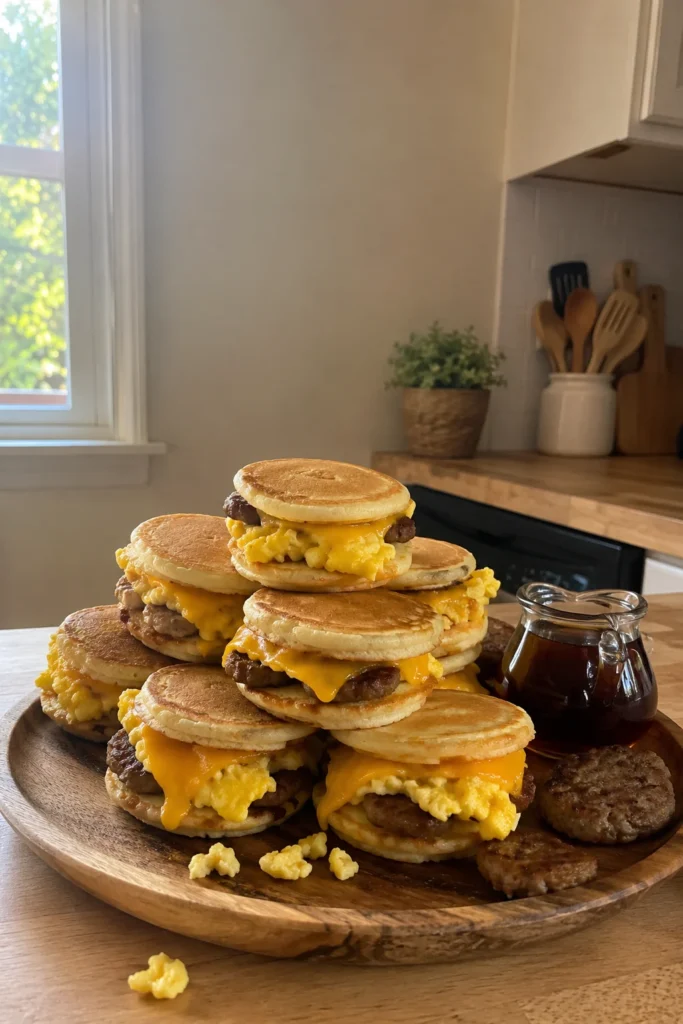 Mini Pancake Sandwich Sliders breakfast idea with maple syrup