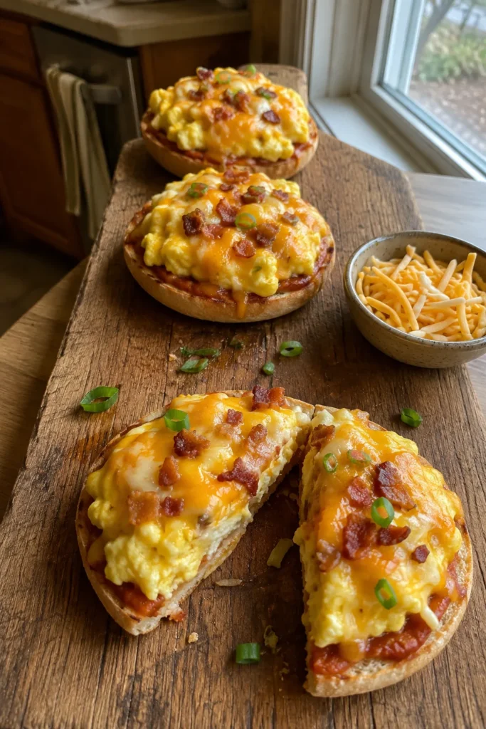 Muffin Breakfast Pizza arranged on a wooden cutting board with shredded cheese and green onions