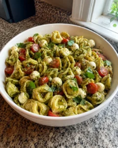 Easy Pesto Tortellini Pasta Salad in a white bowl with tomatoes and mozzarella