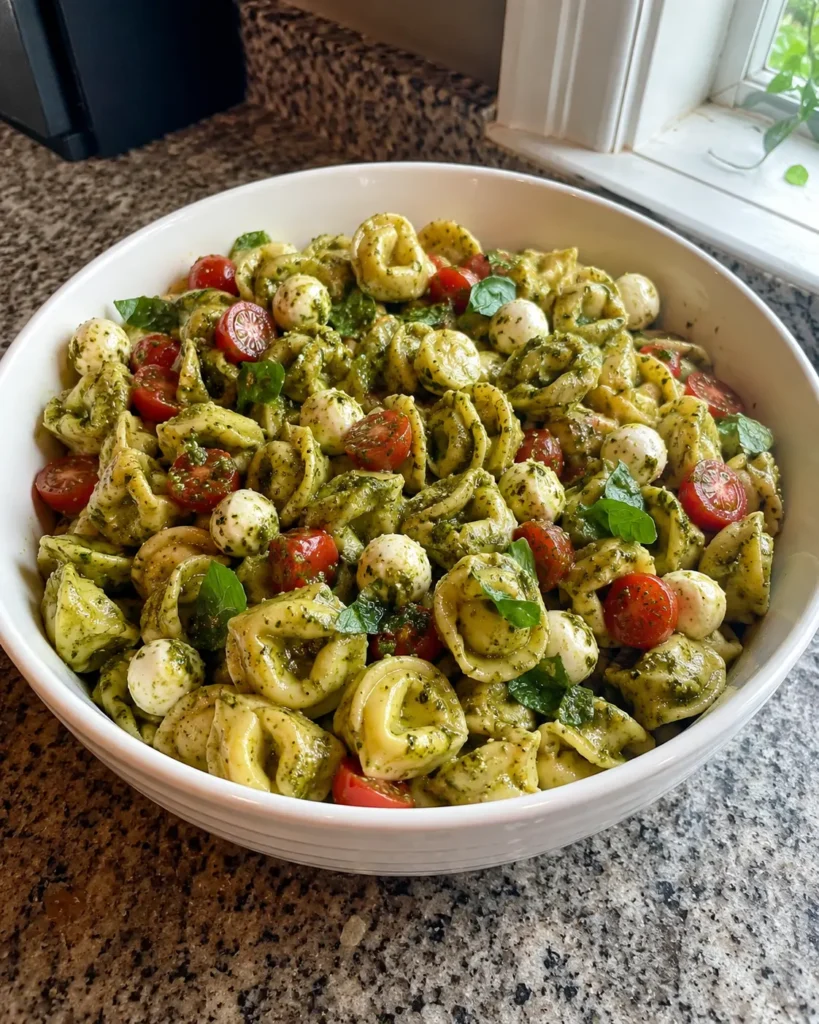 Easy Pesto Tortellini Pasta Salad in a white bowl with tomatoes and mozzarella