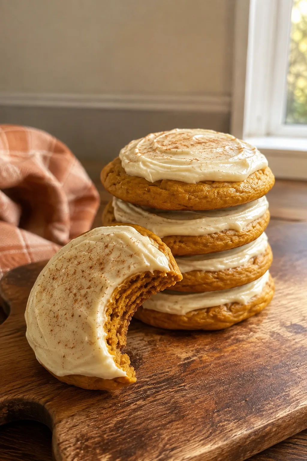 Stack of Pumpkin Cookies with Cream Cheese Frosting on a wooden board