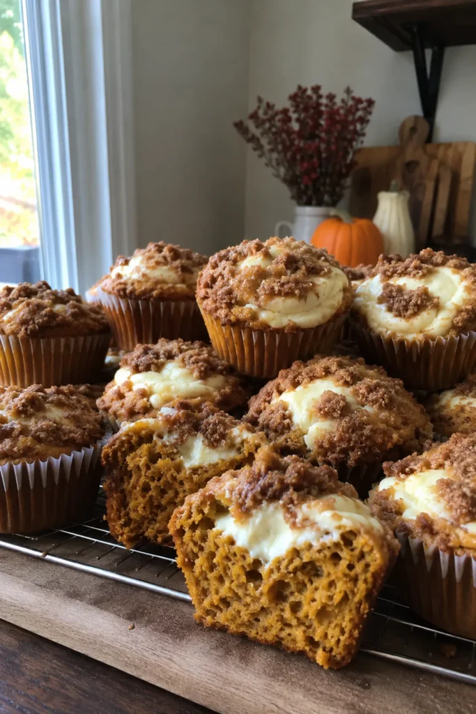Stack of Pumpkin Cream Cheese Muffins with one muffin split open to show the filling