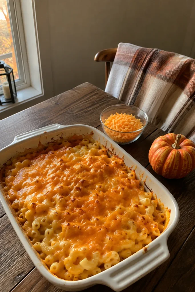 Pumpkin Mac and Cheese baked dish styled for a cozy fall dinner