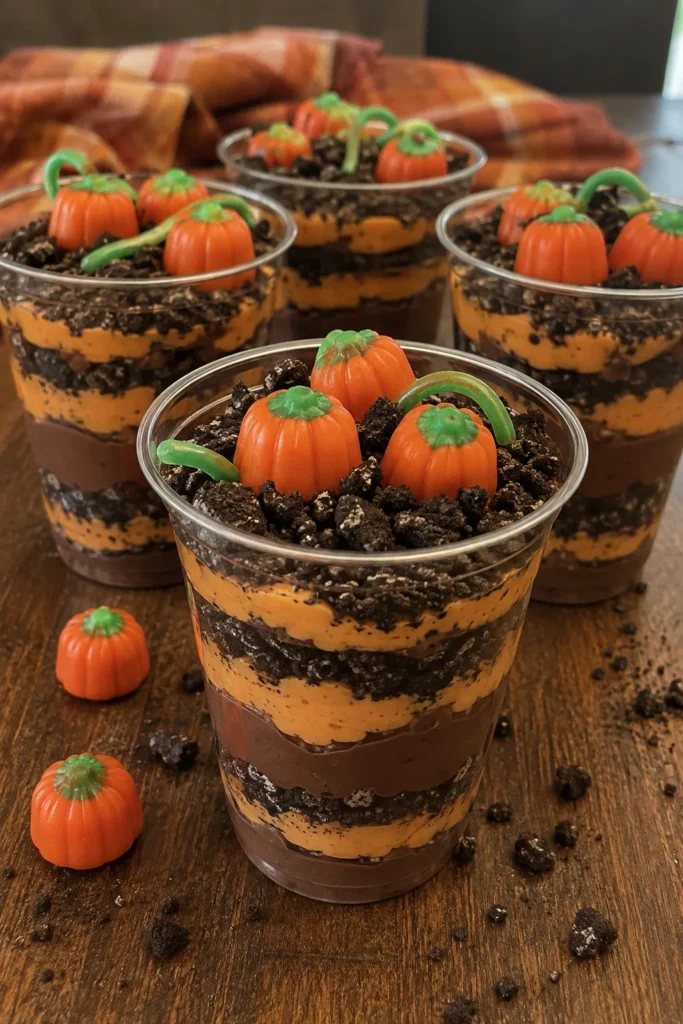 Pumpkin Patch Dirt Cups arranged on a table for a fall Halloween dessert