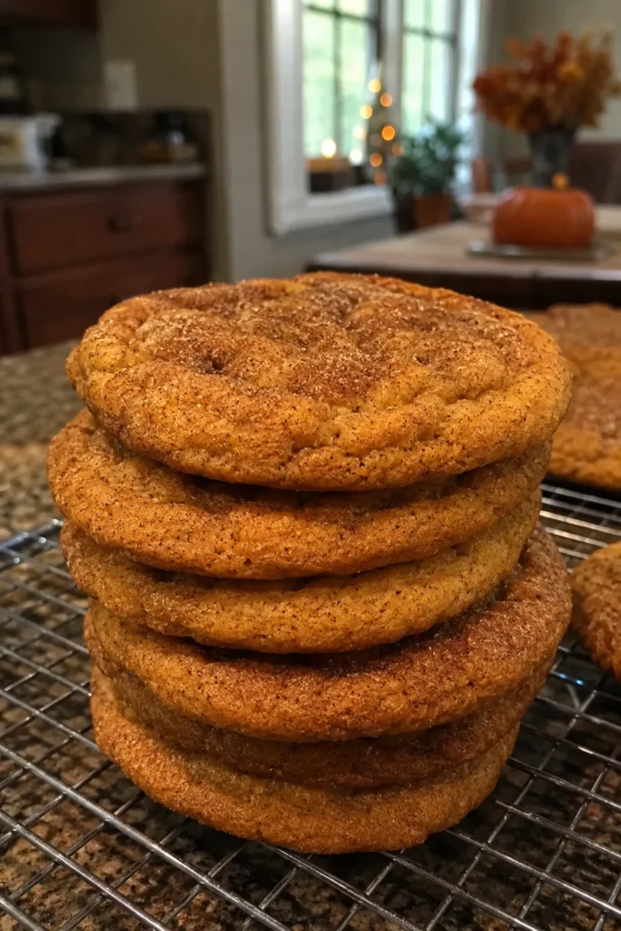 Stack of Pumpkin Spice Cookies on a cooling rack in a fall kitchen