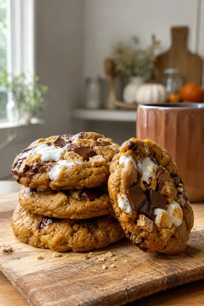 Stack of Pumpkin S'mores Cookies on a wooden board for fall baking