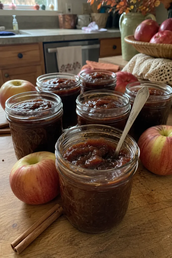 Jars of Slow Cooker Apple Butter with apples and cinnamon sticks