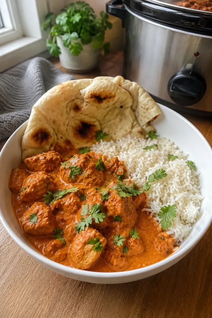 Slow Cooker Indian Butter Chicken pin with rice and naan bread