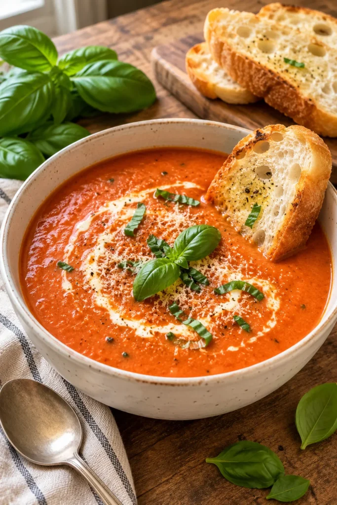 Tomato Basil Soup served with crusty bread, a cozy comfort food idea