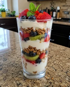 Fruit & Yogurt Parfait layered in a glass with fresh berries and granola