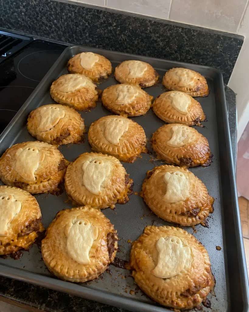 Ghost Mini Taco Pies fresh out of the oven on a baking sheet