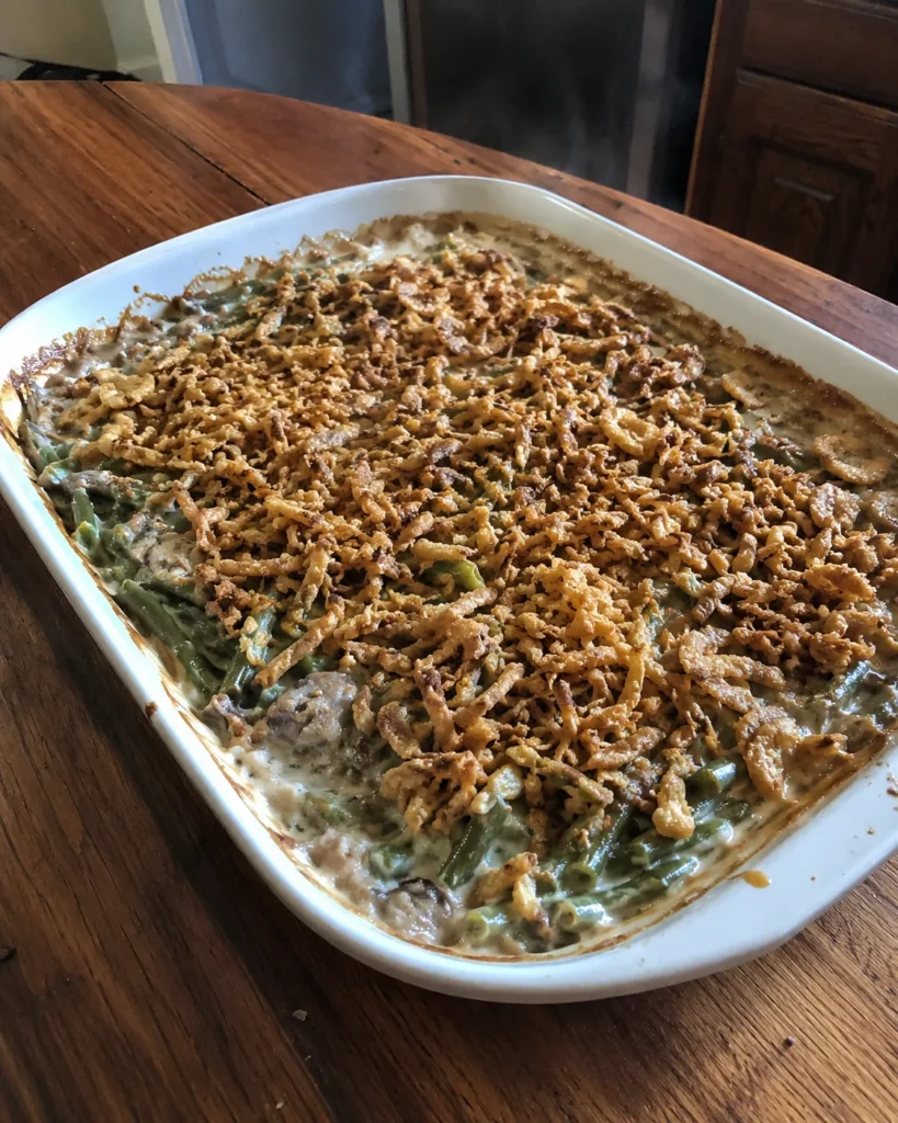Green Bean Casserole topped with crispy fried onions in a baking dish