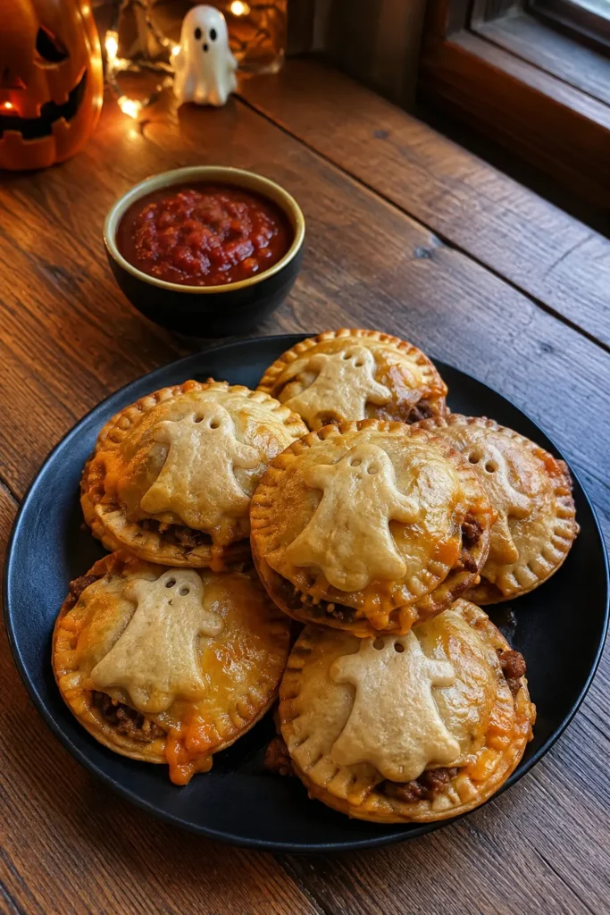 Ghost Mini Taco Pies stacked on a plate for Halloween