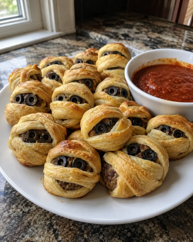 Halloween Mummy Meatballs wrapped in golden crescent dough with olive eyes on a plate