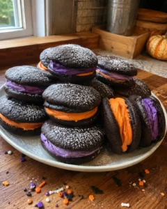 Halloween Whoopie Pies stacked with orange and purple buttercream filling