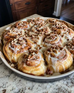 Heavy Cream Cinnamon Rolls fresh out of the oven with icing drizzled on top