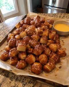 Homemade Soft Pretzel Bites piled on a baking sheet with coarse salt