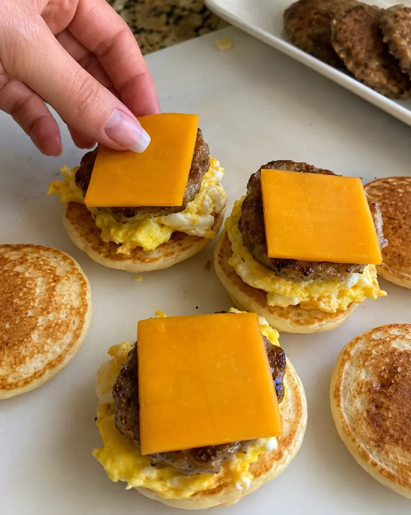 ssembling Mini Pancake Sandwich Sliders with egg, sausage, and cheese
