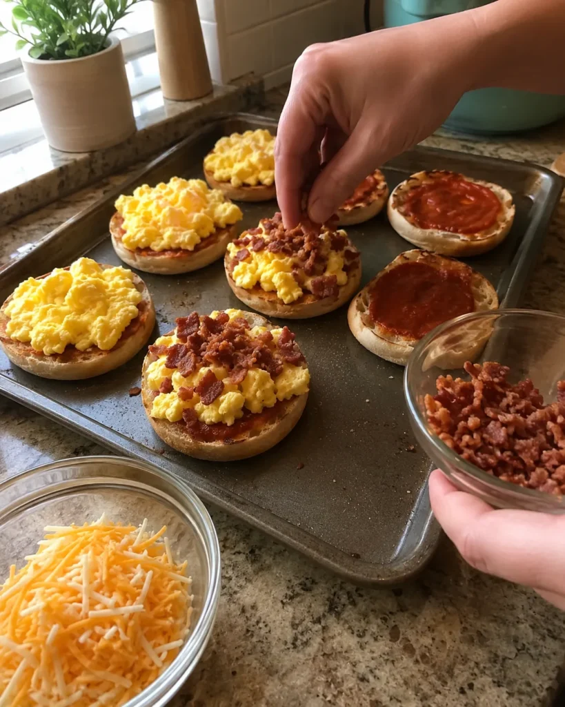 Assembling Muffin Breakfast Pizza with bacon and eggs on toasted English muffins