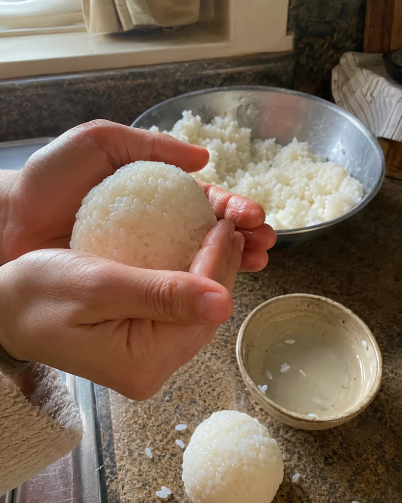 Shaping emoji rice balls by hand with salted water