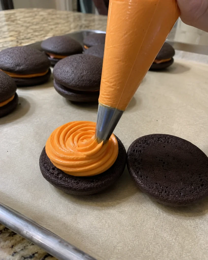 Piping orange buttercream onto a Halloween Whoopie Pies cookie