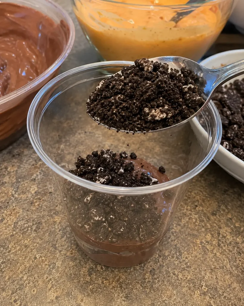 Layering Oreo crumbs and chocolate pudding for Pumpkin Patch Dirt Cups