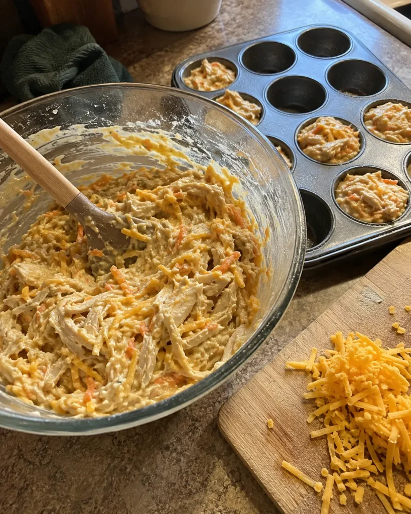Mixing batter for Chicken & Cheese Lunchbox Muffins with shredded chicken and cheddar visible